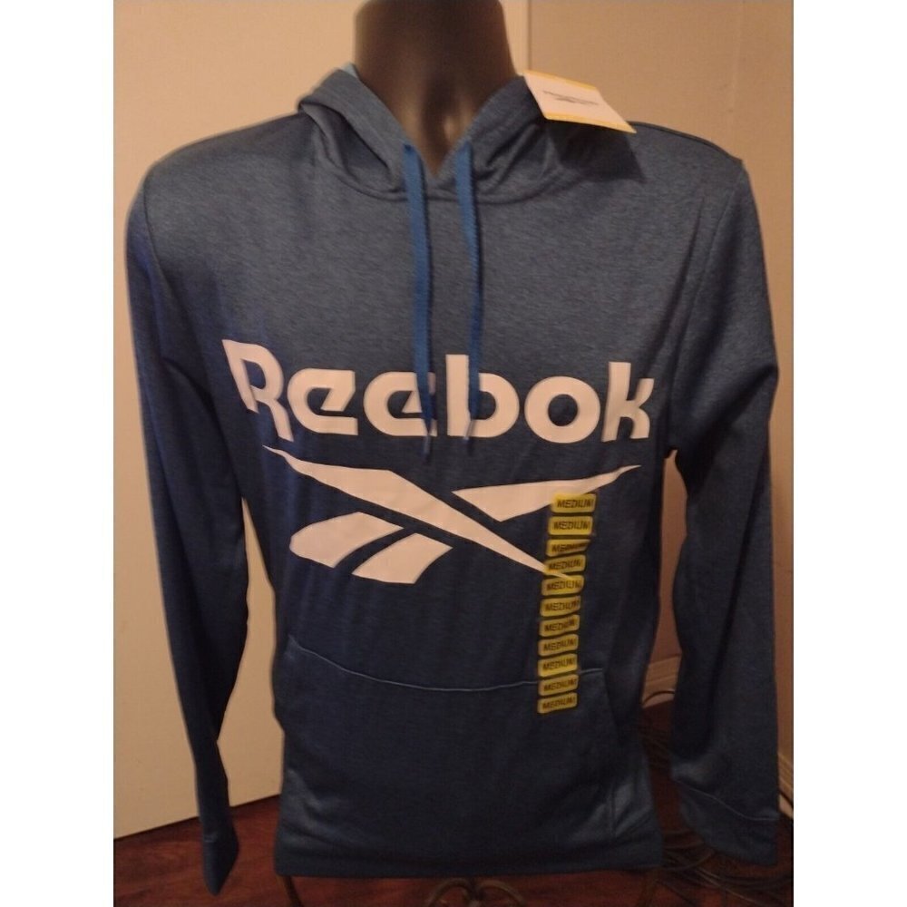 NWT New Reebok Pullover Hoodie Men's Size Medium M Blue Drawstring Polyester L/S